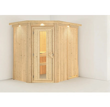 Hoeksauna van hout met glazen deur en binnenverlichting