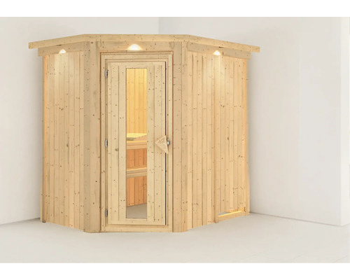 Hoeksauna van hout met glazen deur en binnenverlichting