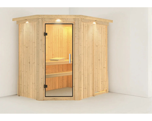 Houten sauna met glazen deur en binnenverlichting