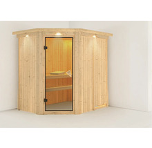 Houten hoeksauna met glazen deur en binnenverlichting
