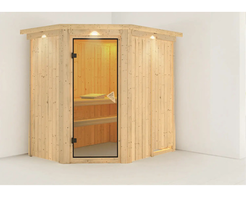 Houten hoeksauna met glazen deur en binnenverlichting