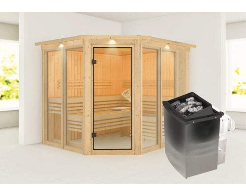 Houten hoeksauna met saunakachel en saunastenen