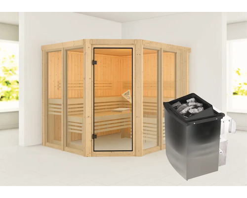 Hoeksauna met glazen deur en saunakachel