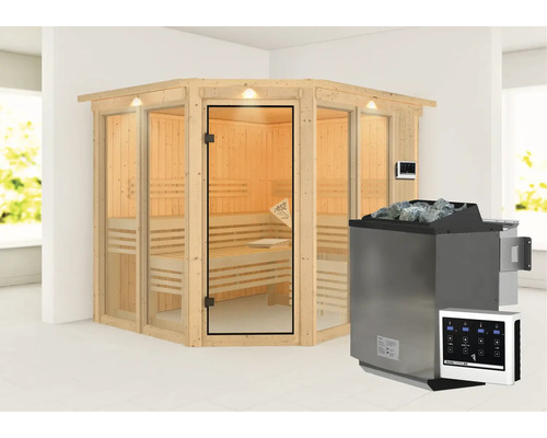 Houten hoeksauna met glazen deur en saunakachel