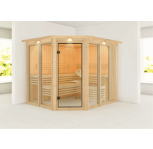 Finse sauna met houten wanden en glazen deur