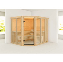 Hoeksauna met glazen deur en houten banken