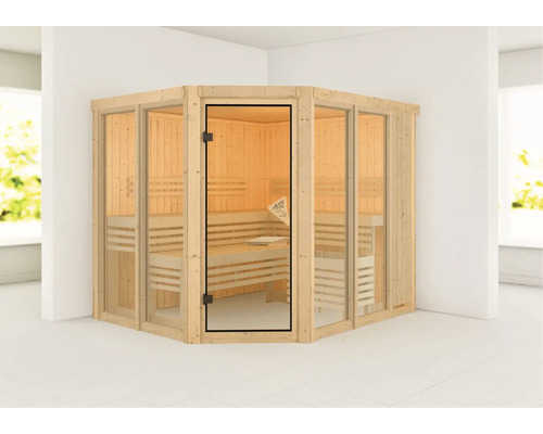 Hoeksauna met glazen deur en houten banken