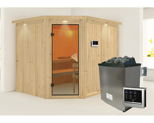 Hoeksauna met glazen deur en saunakachel met stenen