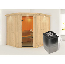 Houten sauna met glazen deur en saunakachel