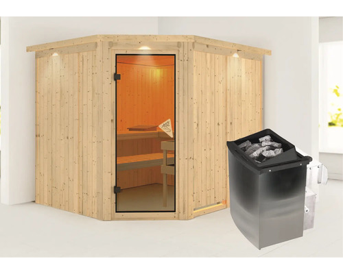 Houten sauna met glazen deur en saunakachel
