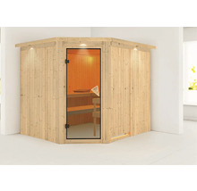 Hoeksauna met glazen deur en houten bekleding