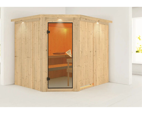 Hoeksauna met glazen deur en houten bekleding
