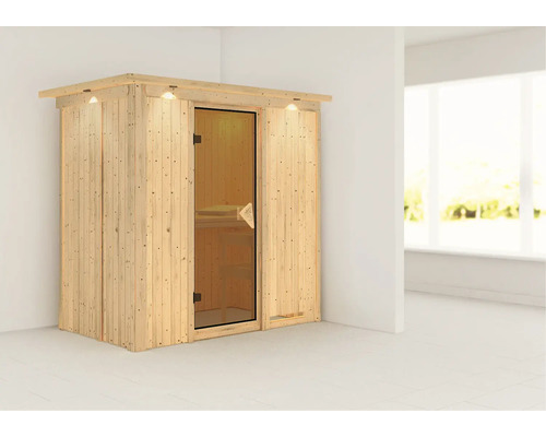 Houten sauna met glazen deur en binnenverlichting