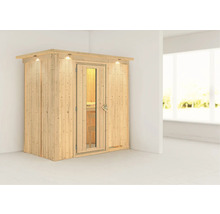 Houten sauna met glazen deur en verlichting in een ruimte.