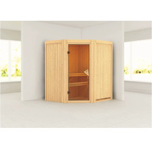 Hoeksauna met glazen deur en houten bekleding