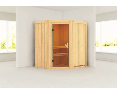 Hoeksauna met glazen deur en houten bekleding