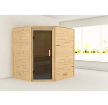 Hoeksauna met glazen deur en houten bekleding in een lichte ruimte.