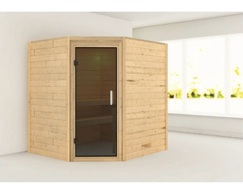 Hoeksauna met glazen deur en houten bekleding in een lichte ruimte.