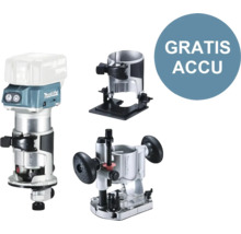 Makita accufrees met verschillende freesopzetstukken en de aanduiding Gratis accu