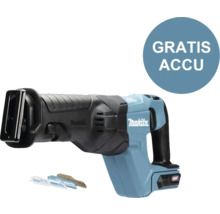 Makita accureciprozaag met zaagbladen en de tekst Gratis Accu
