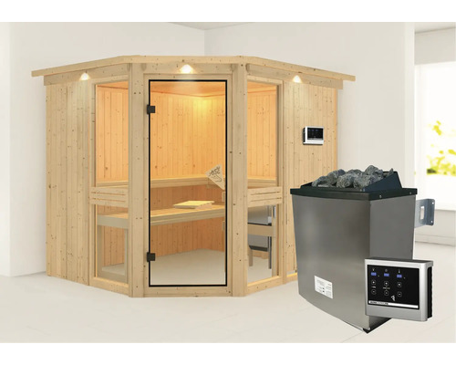 Houten hoeksauna met kachel en bediening