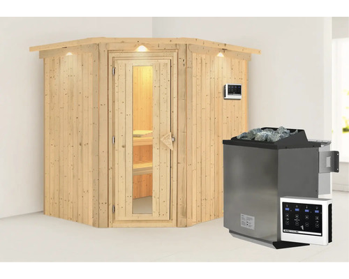Sauna met houten wanden, glazen deur, saunakachel en besturingseenheid