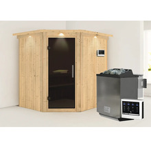 Houten sauna met glazen deur, bedieningseenheid en saunakachel