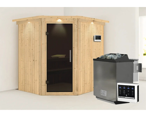 Houten sauna met glazen deur, bedieningseenheid en saunakachel