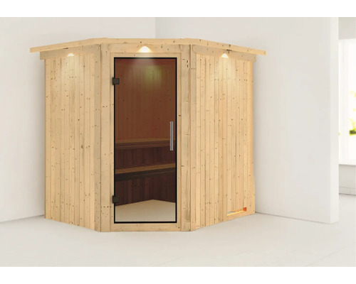 Hoeksauna met glazen deur en verlichting
