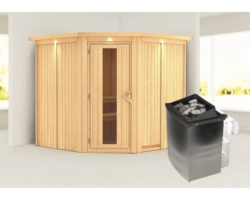 Houten binnensauna met saunakachel