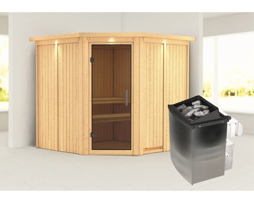 Houten hoeksauna met glazen deur en saunakachel met saunastenen