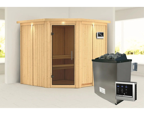 Houten hoeksauna met saunakachel en besturing