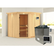 Hoeksauna van hout met glazen deur en saunakachel