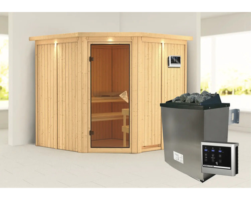 Hoeksauna van hout met glazen deur en saunakachel