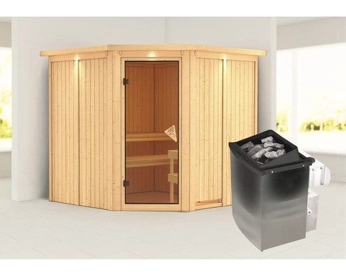 Houten hoeksauna met saunakachel en saunastenen