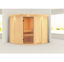 Hoeksauna met glazen deur en houten binnenbanken