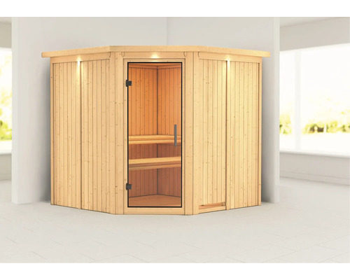 Hoeksauna met glazen deur en houten binnenbanken