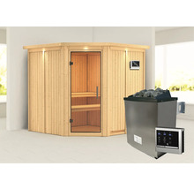 Houten sauna met glazen deur, bediening en saunakachel