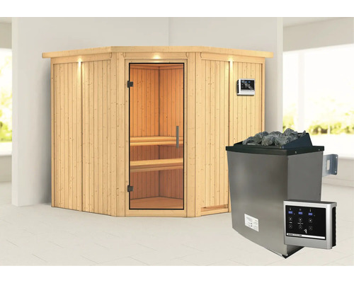 Houten sauna met glazen deur, bediening en saunakachel