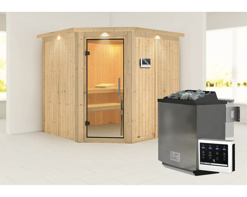 Houten hoeksauna met glazen deur, saunabesturing en saunaoven
