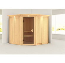 Houten hoeksauna met glazen deur en interieurverlichting