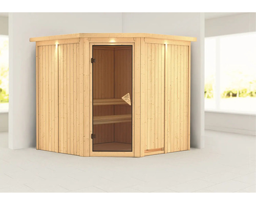 Houten hoeksauna met glazen deur en interieurverlichting