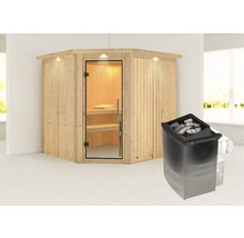 Hoeksauna met glazen voorkant en saunakachel