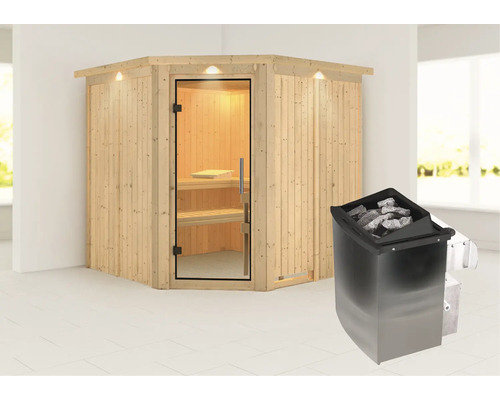 Hoeksauna met glazen voorkant en saunakachel
