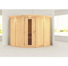 Houten hoeksauna met glazen deur