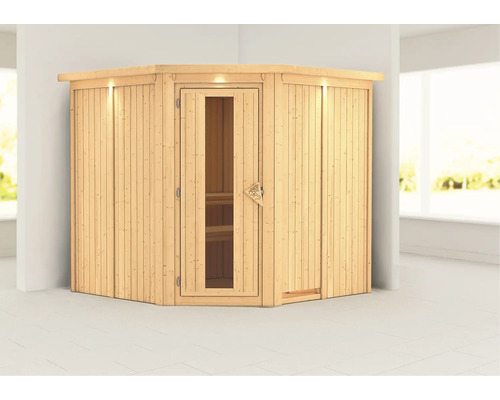 Houten hoeksauna met glazen deur