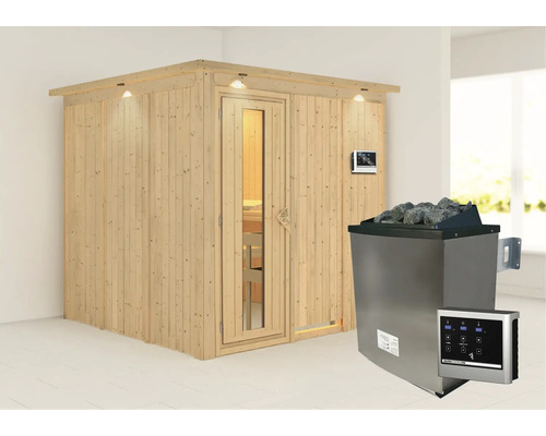 Houten sauna met saunakachel, saunastenen en digitaal bedieningspaneel