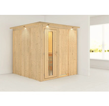 Houten sauna met glazen deur en verlichting