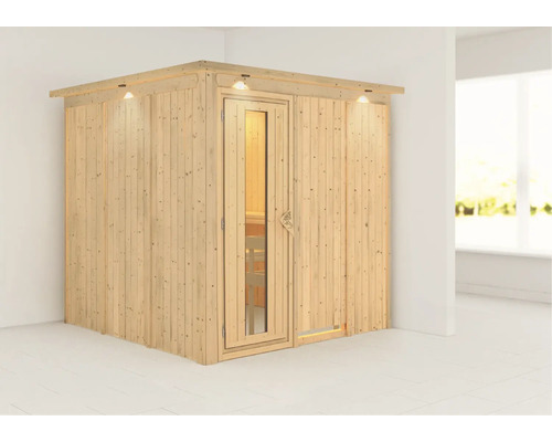 Houten sauna met glazen deur en verlichting