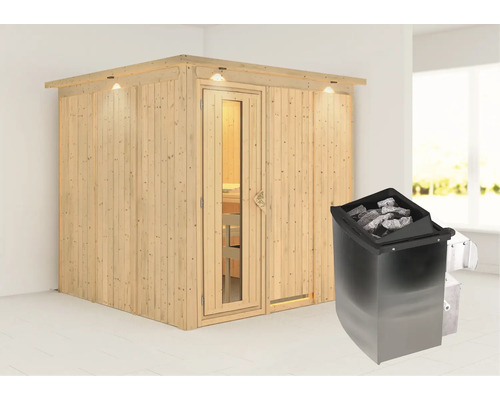 Houten sauna met kachel en saunastenen voor binnenshuis